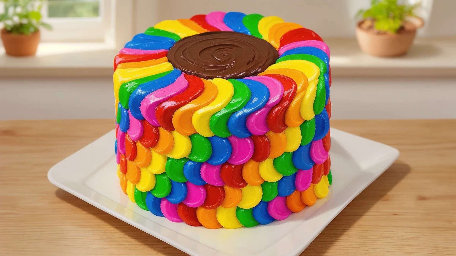 on a wooden table. there is a square white plate. rainbow cream cake. smears of cream in a checkerboard pattern, hole with chocolate drips on top, ((cream highlights)), against the background of the kitchen, Kitchenware, vases with plants, Beautiful light from the window, contour light, Multiple light sources, beautiful sunlight, Bright light source, bright lighting, beautiful light sources, Multiple light sources, Realistic style , realistic texture, detailed texture, A high resolution, high quality, macro photography