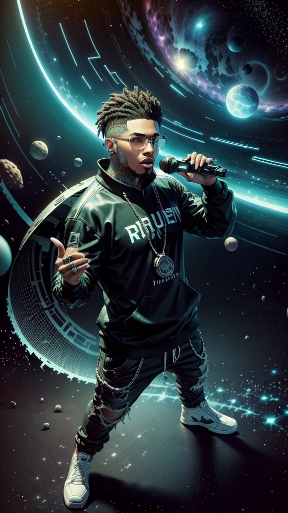 Reggaeton singer Ptu Urzua. A guy with urban style. trap music singing guy. With a black hole and hundreds of asteroids. 