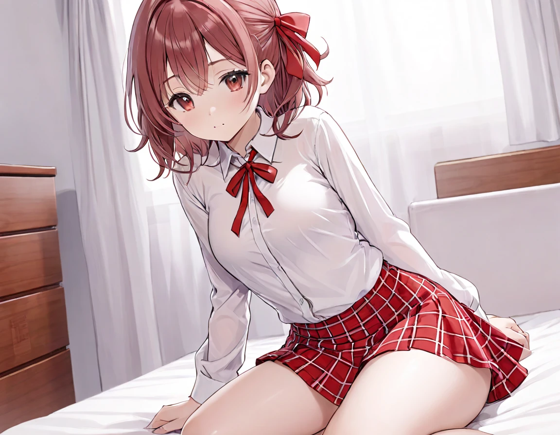 White shirt with ribbon showing nipples、She rolls up her red and white checkered miniskirt so that her cute white lingerie is completely visible.、barefoot