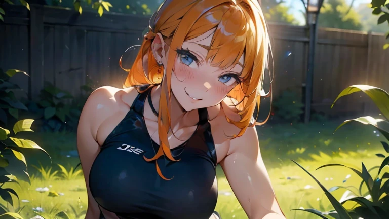((1 girl)), Latest trends in clothing, cheerful grin, animated expressions, Sportswear, shorts,blackstockings, racing, Garden ,((very detailled,highest quallity, high resolution, 8 k wallpaper, pretty clothing,)),(hair orange, Hair to the shoulders, juvenile,bouncy hair, ((asymmetrical bangs)) ,(shining blue eyes),ombre, eyeliner,glowing eye, very detailledな目, complex eyes, gorgeous eyes, 輝くBright blue eyes 17 year old