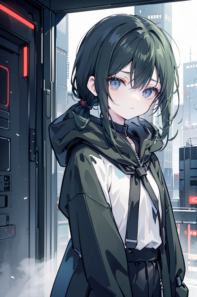 dark green very short ponytail , black eye, severe dark circles , droopy eyes , cyberpunk hood , Timid , dependent , androgynous , heartless , night background , dark , Hikikomori , genderless , masculine , boy