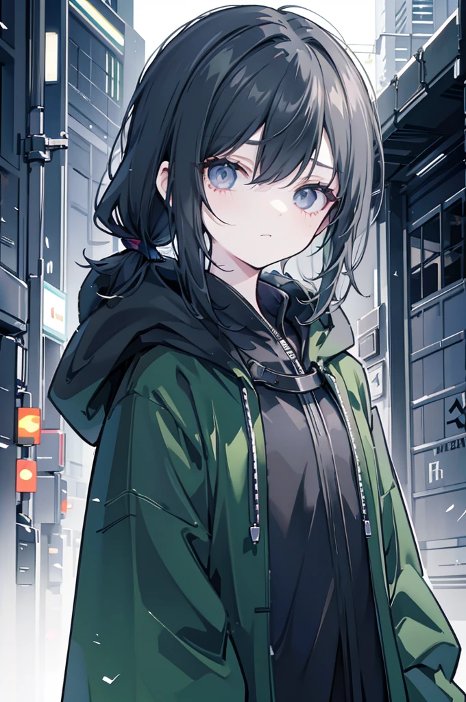 dark green very short ponytail , black eye, severe dark circles , droopy eyes , cyberpunk hood , Timid , dependent , androgynous , heartless , night background , dark , Hikikomori , genderless , masculine , boy