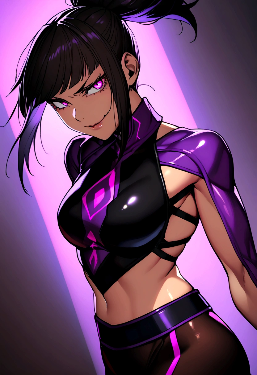 Giantess ((Yoruichi Shihouin from Bleach)) agile and merciless (masterpiece best quality) playful grin, eyes sharp with excitement (real picture intricate details) (1 lady solo lithe and athletic body) short purple hair, glowing amber eyes (tight bodysuit, accentuating her agility) crouching low over a tiny opponent, her fingers wrapped around his entire torso with ease. She revels in the feeling of his helplessness, his struggles insignificant against her overwhelming strength, her heart racing with the thrill of absolute control. Background: Ancient training ground, the silence only broken by her soft chuckles.