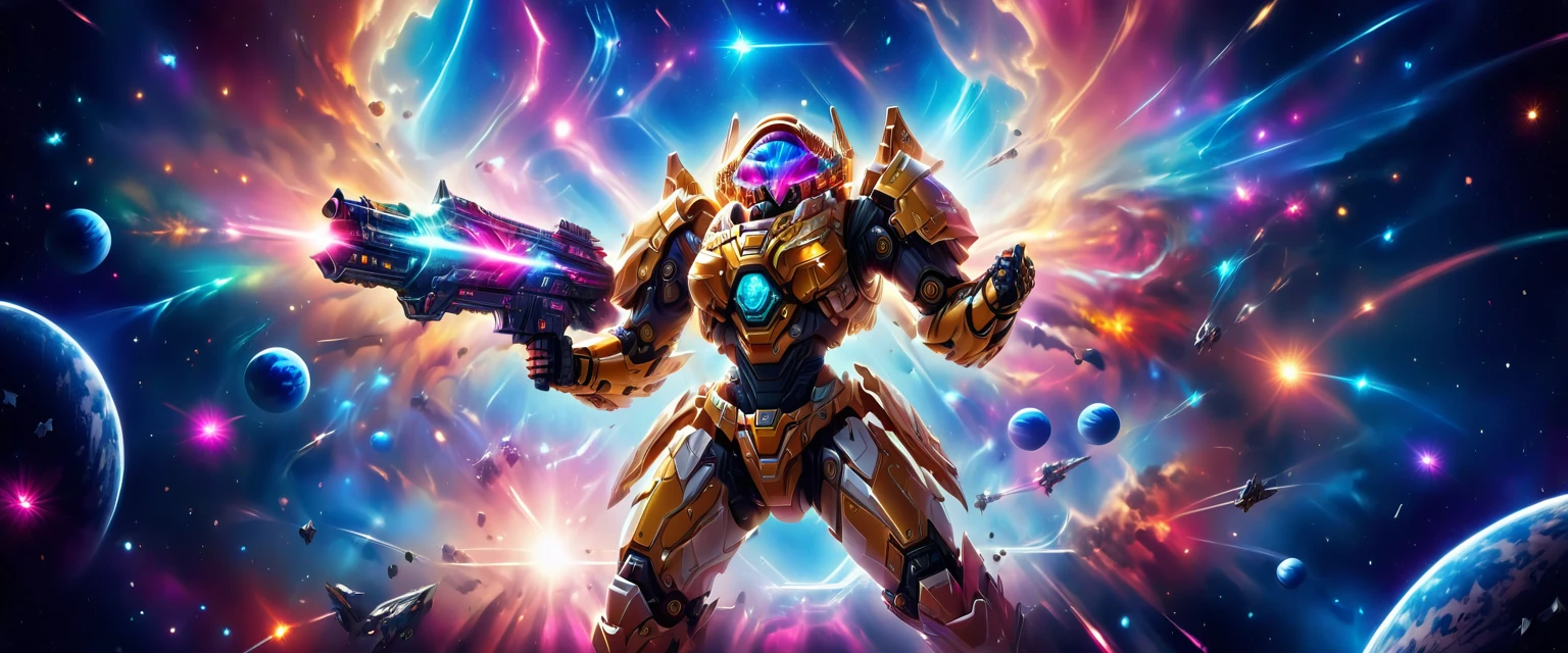 a female mech warrior in battle on a moon in space, full body shot, action shot, a tough and beautiful female mech warrior, short blond hair, dynamic eye color, intent gaze, ultra detailed face, best detailed face, she wears mech armor, and massive sci-fi gun, in battle, outer space background, stars, vibrant, Ultra-high resolution, High Contrast, (masterpiece:1.5), highest quality, Best aesthetics), best details, best quality, highres, (ultra wide angle: 1.2), 16k, ultra detailed, masterpiece, best quality, (extremely detailed),aetherpunkai, Mechanical Creatures, assault rifle