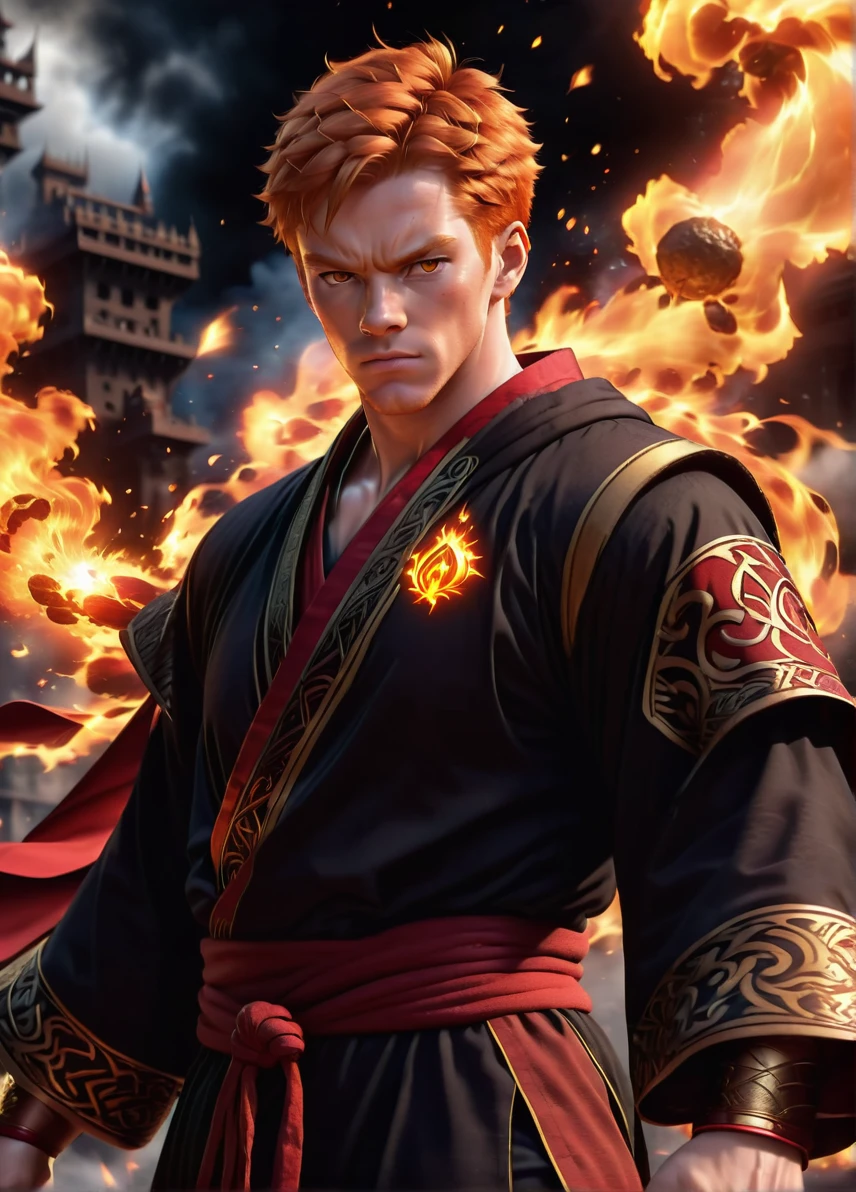 fire mage, (young muscular  male: 1.5), (ginger hair: 1.1), (serious angry look: 1.5), skinny, magic symbols and patterns, (red and black robe: 1.5), fire splash and lava background , casting fireball, full shot, ((looking at viewer:1.2), (from side:0.8)), athletic, volumetric lighting dynamic lighting, real shadows, vibrant contrasting colors, style of Stephen Hickman and Stan Manoukian, ultra realistic, masterpiece, high quality, highres, sharp focus, intricate, sharp details, highly detailed, rich color, 8K,