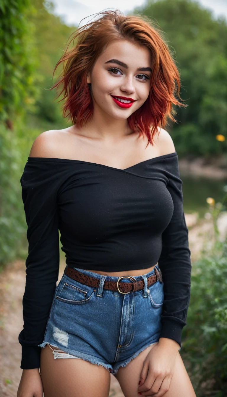 ultrarealistic high quality full body photo of a beautiful busty slim european 18-year-old woman with cute hyperdetailed shy face and dyed red bob cut hair and shy smile , realistic round hazel eyes, natural lips, dark eye makeup with eyeliner, wearing latex dora the explorer cosplay outfit, hourglass body, outdoor photography, tanned, nsfw
