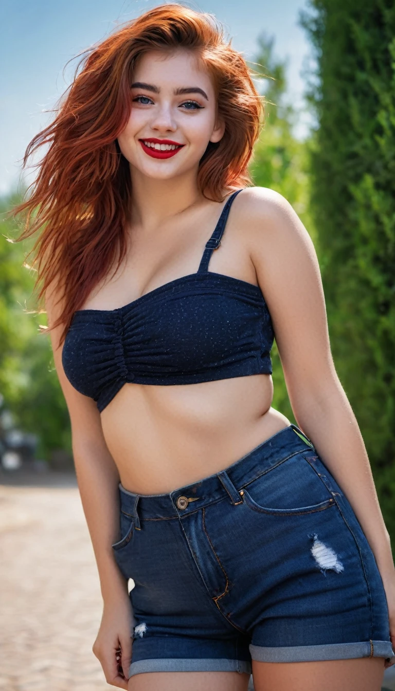 ultrarealistic high quality full body photo of a beautiful super busty slim european 19-year-old woman with cute hyperdetailed shy face and redhead shoulder length messy hair and shy smile, realistic round black eyes, red lips, dark eye makeup with eyeliner, casual outfit, hourglass body, tanned, outdoor photography