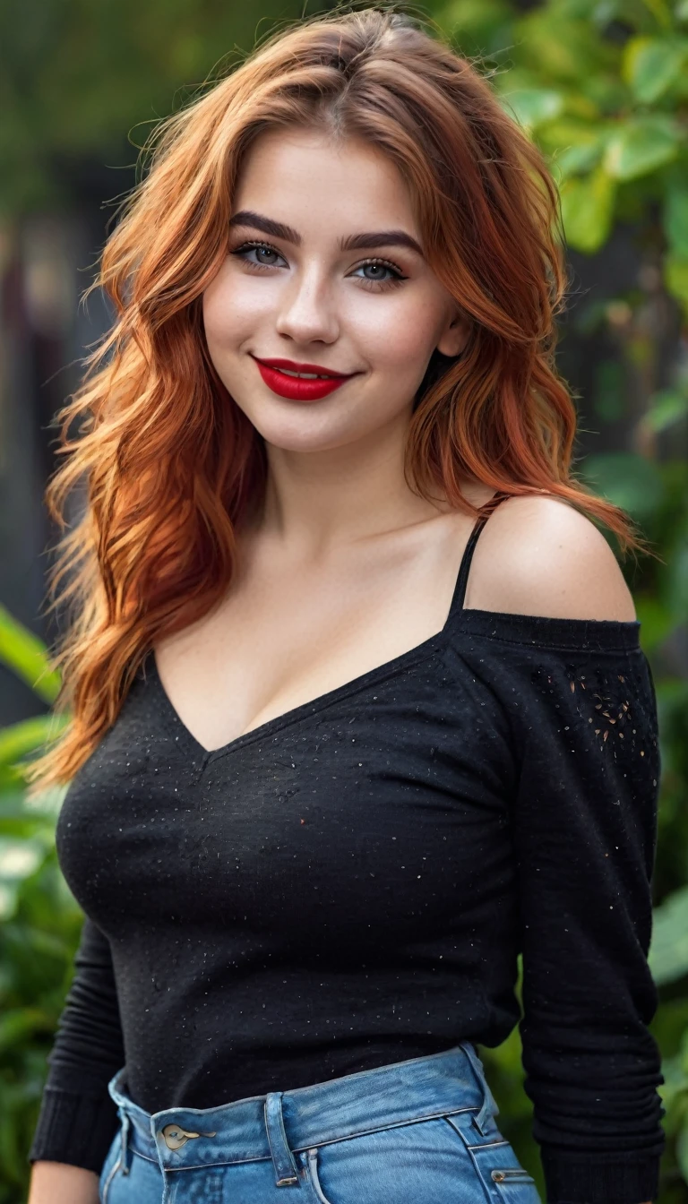 ultrarealistic high quality full body photo of a beautiful super busty slim european 19-year-old woman with cute hyperdetailed shy face and redhead shoulder length messy hair and shy smile, realistic round black eyes, red lips, dark eye makeup with eyeliner, casual outfit, hourglass body, tanned, outdoor photography