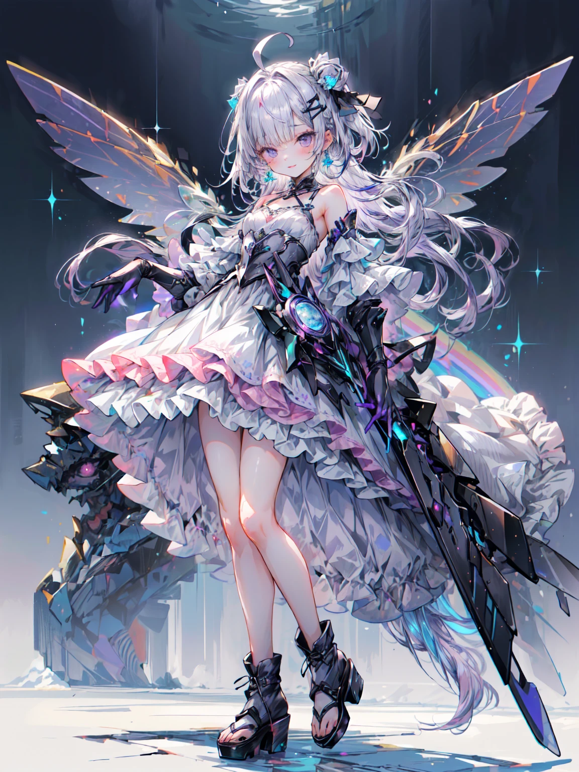 Best image quality、(((Ezvian Everywhere))),Character Portrait、Great style、Laugh hard、Beautiful feet、Leather shoes、Dynamic pose、, Organic Armor Cyborg、Machine Armor、Armor Texture、young、Gothic Lolita, (((Light purple hair))), Purple eyes, (mascara), Blunt bangs, ((Hair above the eyes)), Long Hair, Pink mixed hair、Mesh Color Pink、Center of chest, Frills,白いFrills, White Theme, (A white dress that shines like a hologram:1.5), ((rainbow crinoline, A striking white layered skirt):1.4), (Gothic Lolita:1.2), (Lace-up:1.2), ((No sleeve, Expose your shoulders):1.2), (Rainbow Fairy Wings:1.3), Armor Textures、Blake、(Platform high boots:1.1), (Long gloves:1.2), ((Earrings, Send back):1.2), Faithfully, (((Eye focus))), (((Laughter))), The background is blurred, Hollow Eyes, Purple Theme、Viewer Display, (((night))), (((hair ornaments)))、Blake、（Dark Elf), (1 Girl), alone, Perfect Face, Get used to it, Ahoge, ((Long Hair:1.2)),[[Messy Hair]], Shiny blonde white hair, Purple eyes, Variegated eyes, Colorful Hair, Shining Eyes, (eyelash, eye shadow, pink eye shadow), bright, smile, Design Art：Haruhiko Mikimoto, by Kawashi, By Yoshitaka Amano