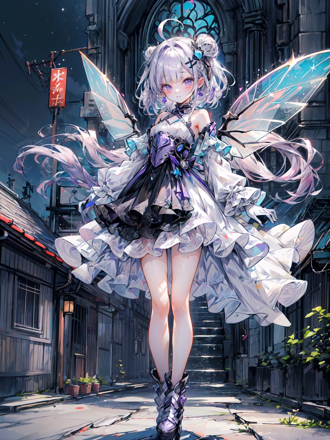 Best image quality、(((Ezvian Everywhere))),Character Portrait、Great style、Laugh hard、Beautiful feet、Leather shoes、Dynamic pose、, Organic Armor Cyborg、Machine Armor、Armor Texture、young、Gothic ta, (((Light purple hair))), Purple eyes, (mascara), Blunt bangs, ((Hair above the eyes)), Long Hair, Pink mixed hair、Mesh Color Pink、Center of chest, Frills,白いFrills, White Theme, (A white dress that shines like a hologram:1.5), ((rainbow crinoline, A striking white layered skirt):1.4), (Gothic Loli.2), (Lace-up:1.2), ((No sleeve, Expose your shoulders):1.2), (Rainbow Fairy Wings:1.3), Armor Textures、Blake、(Platform high boots:1.1), (Long gloves:1.2), ((Earrings, Send back):1.2), Faithfully, (((Eye focus))), (((Laughter))), The background is blurred, Hollow Eyes, Purple Theme、Viewer Display, (((night))), (((hair ornaments)))、Blake、（Dark Elf), (1 Girl), alone, Perfect Face, Get used to it, Ahoge, ((Long Hair:1.2)),[[Messy Hair]], Shiny blonde white hair, Purple eyes, Variegated eyes, Colorful Hair, Shining Eyes, (eyelash, eye shadow, pink eye shadow), bright, smile, Design Art：Haruhiko Mikimoto, by Kawashi, By Yoshitaka Amano
