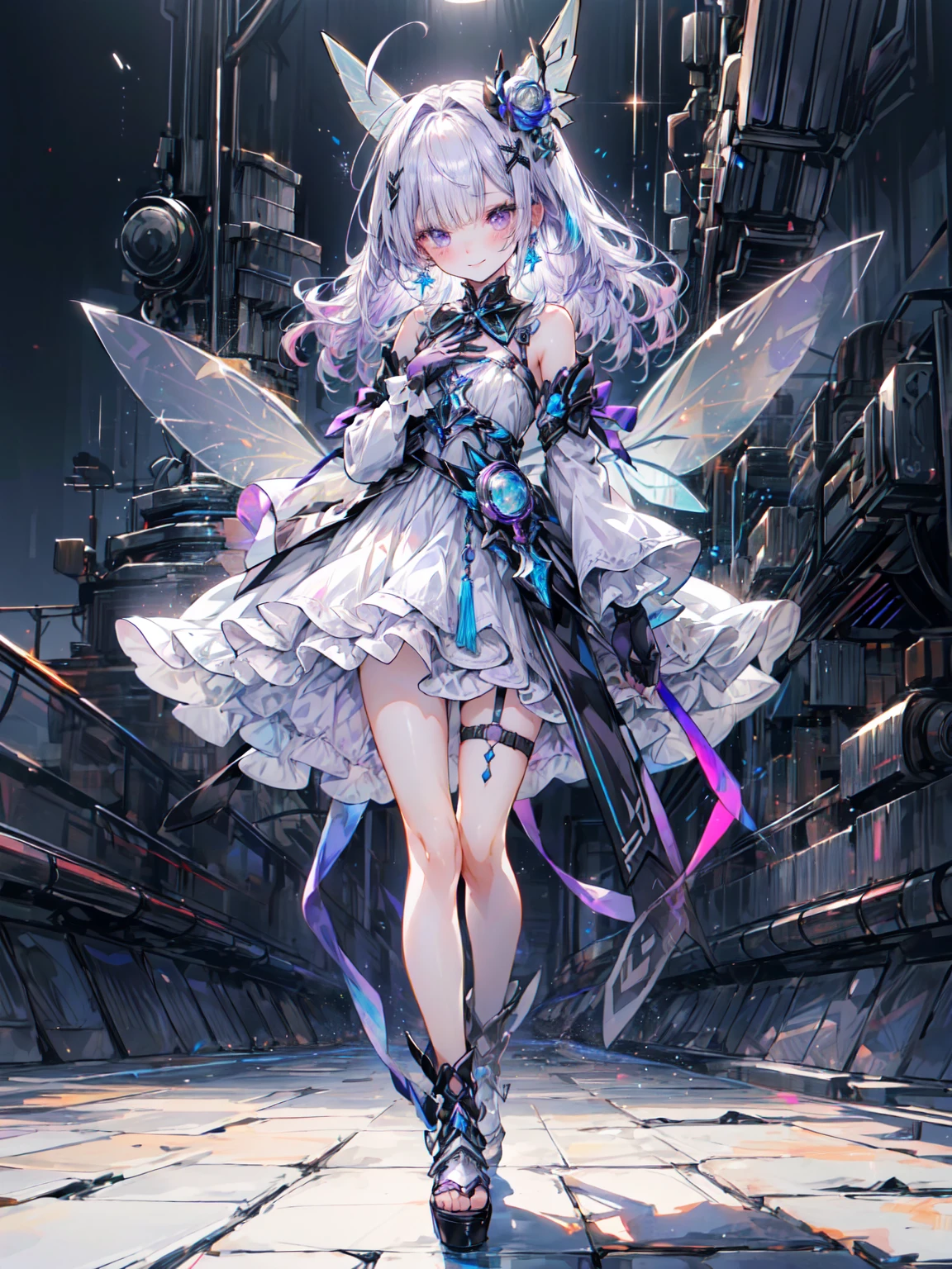 Best image quality、(((Ezvian Everywhere))),Character Portrait、Great style、Laugh hard、Beautiful feet、Leather shoes、Dynamic pose、, Organic Armor Cyborg、Machine Armor、Armor Texture、young、Gothic ****ta, (((Light purple hair))), Purple eyes, (mascara), Blunt bangs, ((Hair above the eyes)), Long Hair, Pink mixed hair、Mesh Color Pink、Center of chest, Frills,白いFrills, White Theme, (A white dress that shines like a hologram:1.5), ((rainbow crinoline, A striking white layered skirt):1.4), (Gothic ****ta:1.2), (Lace-up:1.2), ((No sleeve, Expose your shoulders):1.2), (Rainbow Fairy Wings:1.3), Armor Textures、Blake、(Platform high boots:1.1), (Long gloves:1.2), ((Earrings, Send back):1.2), Faithfully, (((Eye focus))), (((Laughter))), The background is blurred, Hollow Eyes, Purple Theme、Viewer Display, (((night))), (((hair ornaments)))、Blake、（Dark Elf), (1 Girl), alone, Perfect Face, Get used to it, Ahoge, ((Long Hair:1.2)),[[Messy Hair]], Shiny blonde white hair, Purple eyes, Variegated eyes, Colorful Hair, Shining Eyes, (eyelash, eye shadow, pink eye shadow), bright, smile, Design Art：Haruhiko Mikimoto, by Kawashi, By Yoshitaka Amano