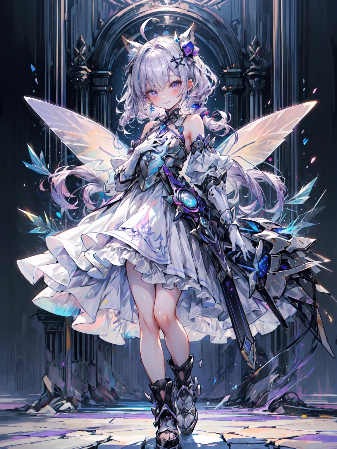 Best image quality、(((Ezvian Everywhere))),Character Portrait、Great style、Laugh hard、Beautiful feet、Leather shoes、Dynamic pose、, Organic Armor Cyborg、Machine Armor、Armor Texture、young、Gothic Lolita, (((Light purple hair))), Purple eyes, (mascara), Blunt bangs, ((Hair above the eyes)), Long Hair, Pink mixed hair、Mesh Color Pink、Center of chest, Frills,白いFrills, White Theme, (A white dress that shines like a hologram:1.5), ((rainbow crinoline, A striking white layered skirt):1.4), (Gothic Lolita:1.2), (Lace-up:1.2), ((No sleeve, Expose your shoulders):1.2), (Rainbow Fairy Wings:1.3), Armor Textures、Blake、(Platform high boots:1.1), (Long gloves:1.2), ((Earrings, Send back):1.2), Faithfully, (((Eye focus))), (((Laughter))), The background is blurred, Hollow Eyes, Purple Theme、Viewer Display, (((night))), (((hair ornaments)))、Blake、（Dark Elf), (1 Girl), alone, Perfect Face, Get used to it, Ahoge, ((Long Hair:1.2)),[[Messy Hair]], Shiny blonde white hair, Purple eyes, Variegated eyes, Colorful Hair, Shining Eyes, (eyelash, eye shadow, pink eye shadow), bright, smile, Design Art：Haruhiko Mikimoto, by Kawashi, By Yoshitaka Amano