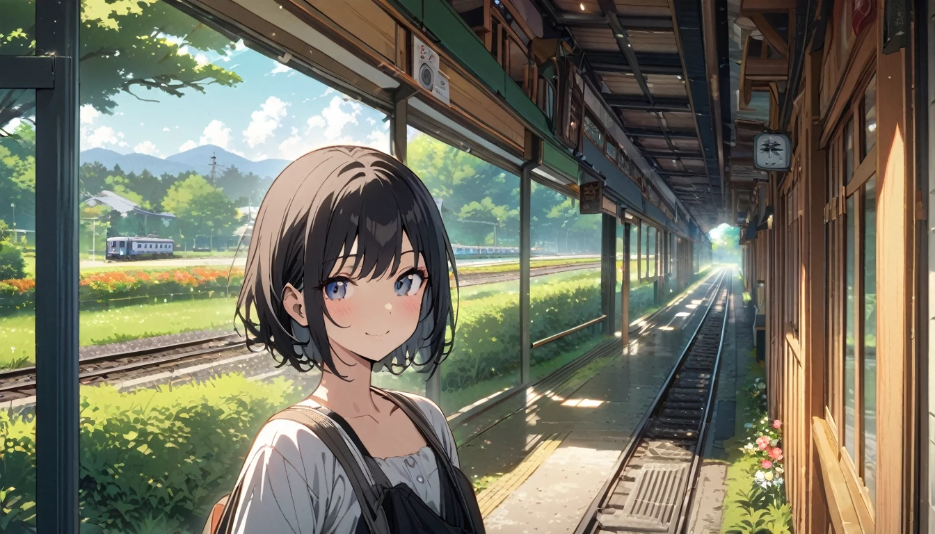1girl, solo, gentle smile on her face flat chest, short hair, black hair, upper body, ((masterpiece, illustration, best quality)) ((best quality)), ((masterpiece)), (detailed), perfect face, arafed train on a track with flowers and trees in the background, Japan Countryside Travel, train, Kamakura scenery, in karuizawa, beast, japan shonan enoshima, Lush green environment, Summer setting, train station in summer,