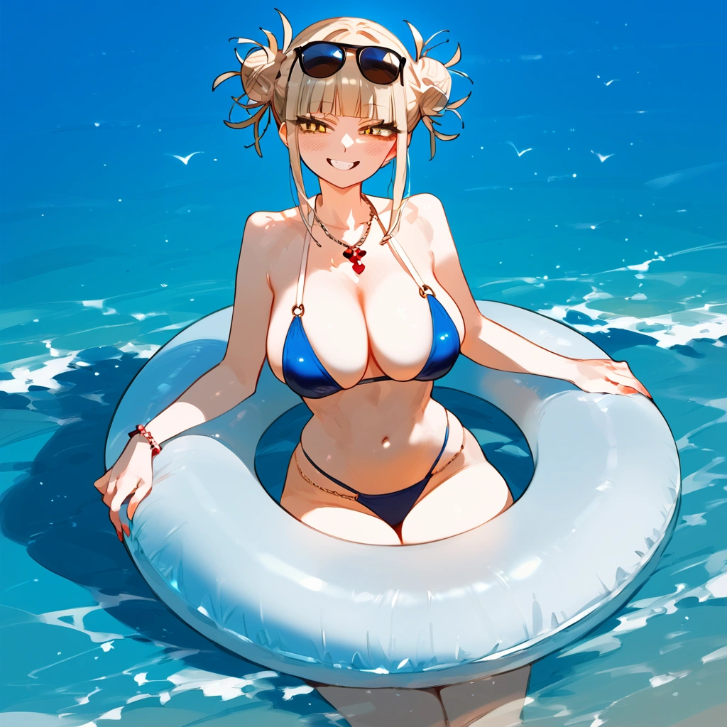anime artwork, score_9, score_8_up, score_7_up, score_6_up, score_5_up, score_4_up, floox style //////Himiko toga, big breasts, she is 24 years old, style_3, , , , naked, sunglasses, yellow eyes, solo, bikini , smile, in water, inflatable_flamingo