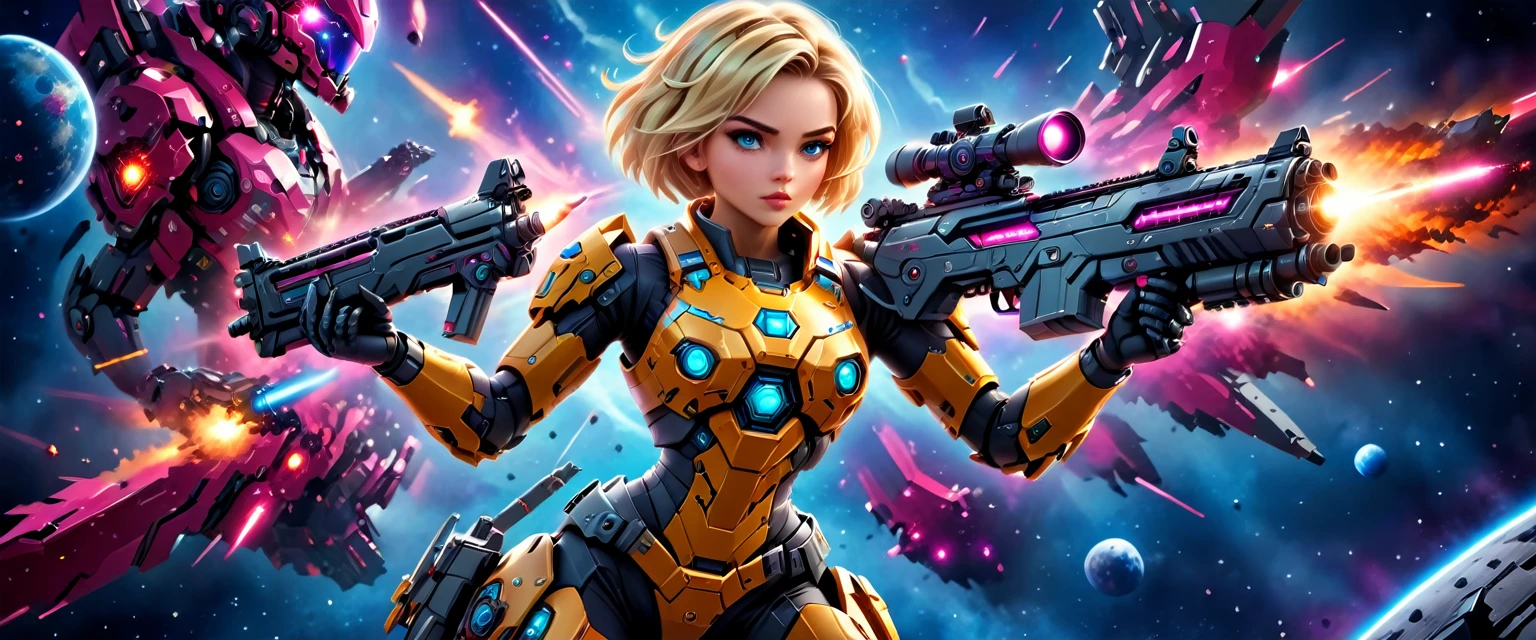 a female mech warrior in battle on a moon in space, full body shot, action shot, a tough and beautiful female mech warrior, short blond hair, dynamic eye color, intent gaze, ultra detailed face, best detailed face, she wears mech armor, and massive sci-fi gun, in battle, outer space background, stars, vibrant, Ultra-high resolution, High Contrast, (masterpiece:1.5), highest quality, Best aesthetics), best details, best quality, highres, (ultra wide angle: 1.2), 16k, ultra detailed, masterpiece, best quality, (extremely detailed),aetherpunkai, Mechanical Creatures, assault rifle
