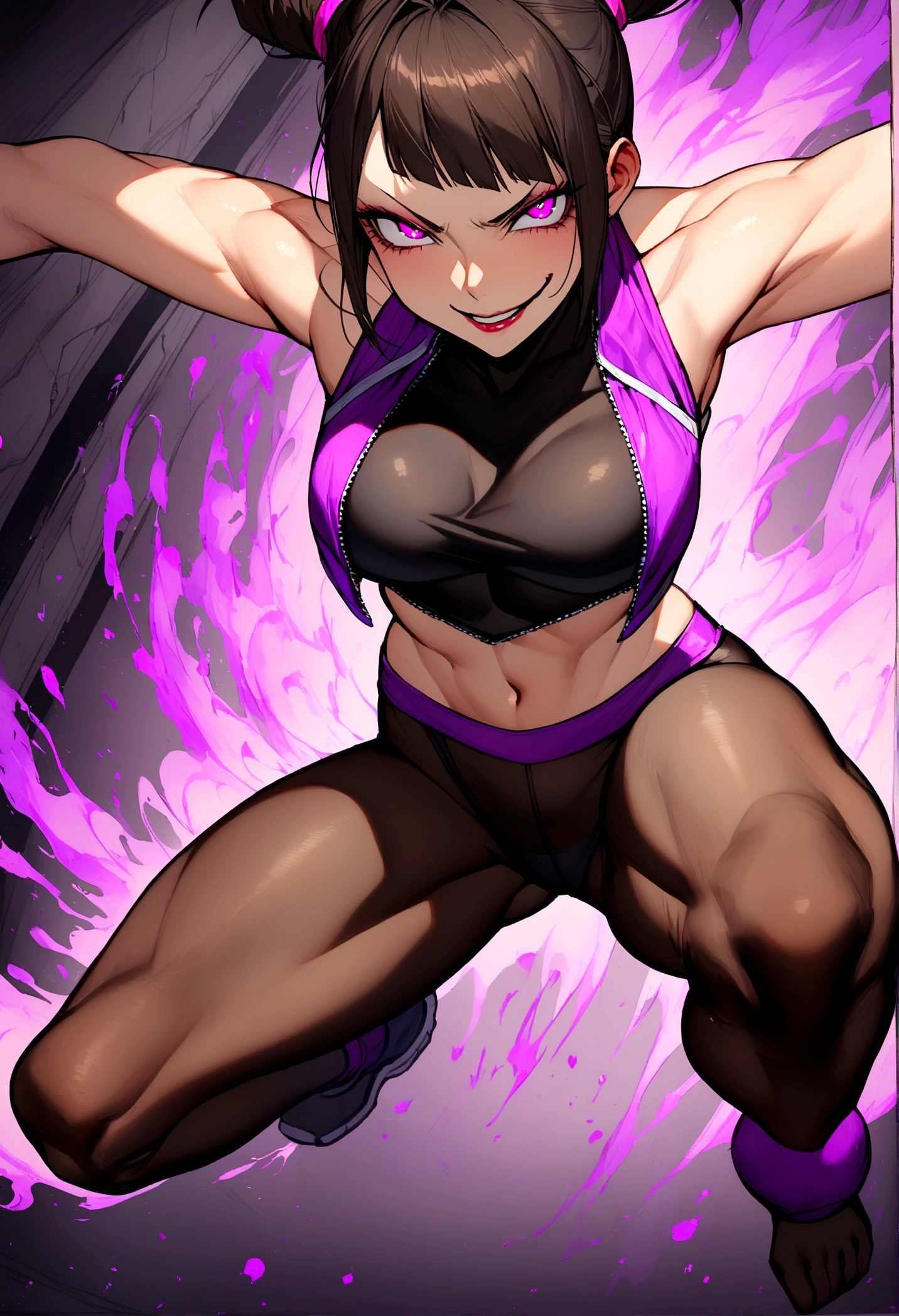juri han,glowing purple eyes,beautiful young fitness woman , in a gym wearing May with black pantyhose, evil smile,tomboy. 独奏 , sensuous