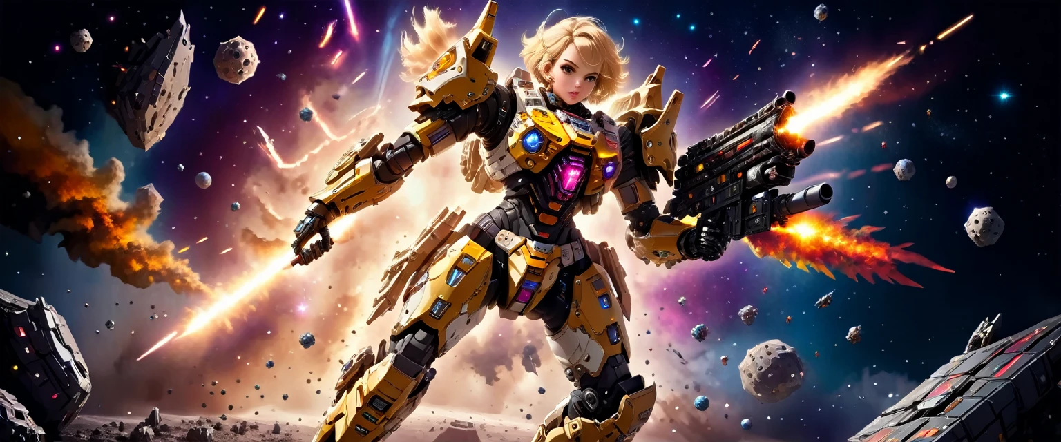 a female mech warrior in battle on a moon in space, full body shot, action shot, a tough and beautiful female mech warrior, short blond hair, dynamic eye color, intent gaze, ultra detailed face, best detailed face, she wears mech armor, and massive sci-fi gun, in battle, outer space background, stars, vibrant, Ultra-high resolution, High Contrast, (masterpiece:1.5), highest quality, Best aesthetics), best details, best quality, highres, (ultra wide angle: 1.2), 16k, ultra detailed, masterpiece, best quality, (extremely detailed),aetherpunkai, Mechanical Creatures, assault rifle