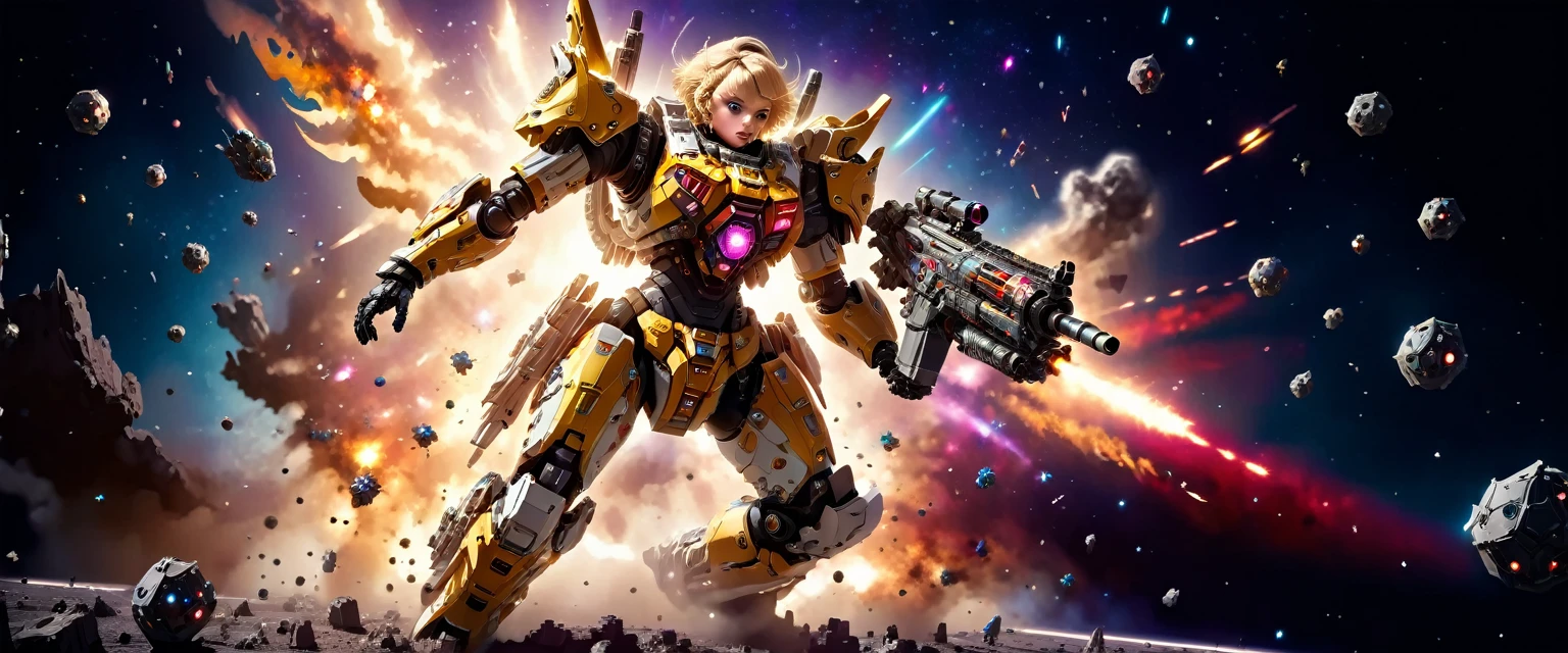 a female mech warrior in battle on a moon in space, full body shot, action shot, a tough and beautiful female mech warrior, short blond hair, dynamic eye color, intent gaze, ultra detailed face, best detailed face, she wears mech armor, and massive sci-fi gun, in battle, outer space background, stars, vibrant, Ultra-high resolution, High Contrast, (masterpiece:1.5), highest quality, Best aesthetics), best details, best quality, highres, (ultra wide angle: 1.2), 16k, ultra detailed, masterpiece, best quality, (extremely detailed),aetherpunkai, Mechanical Creatures, assault rifle