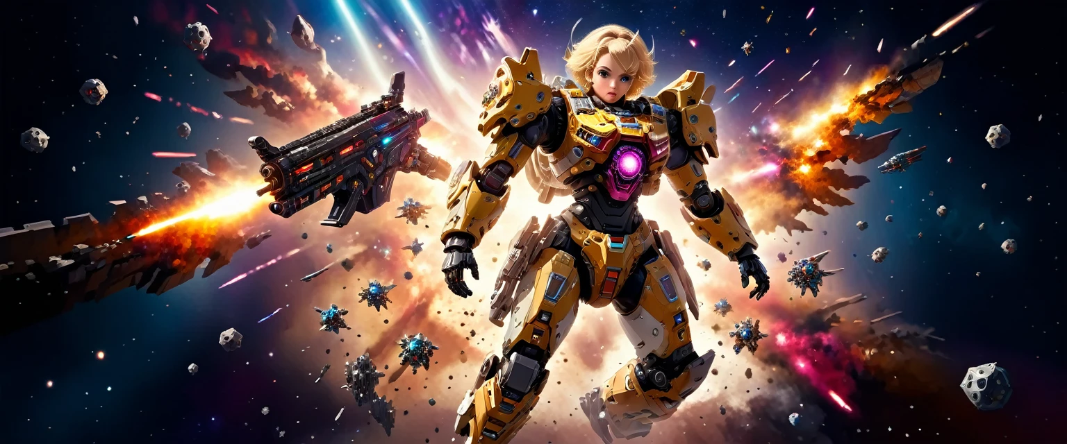 a female mech warrior in battle on a moon in space, full body shot, action shot, a tough and beautiful female mech warrior, short blond hair, dynamic eye color, intent gaze, ultra detailed face, best detailed face, she wears mech armor, and massive sci-fi gun, in battle, outer space background, stars, vibrant, Ultra-high resolution, High Contrast, (masterpiece:1.5), highest quality, Best aesthetics), best details, best quality, highres, (ultra wide angle: 1.2), 16k, ultra detailed, masterpiece, best quality, (extremely detailed),aetherpunkai, Mechanical Creatures, assault rifle