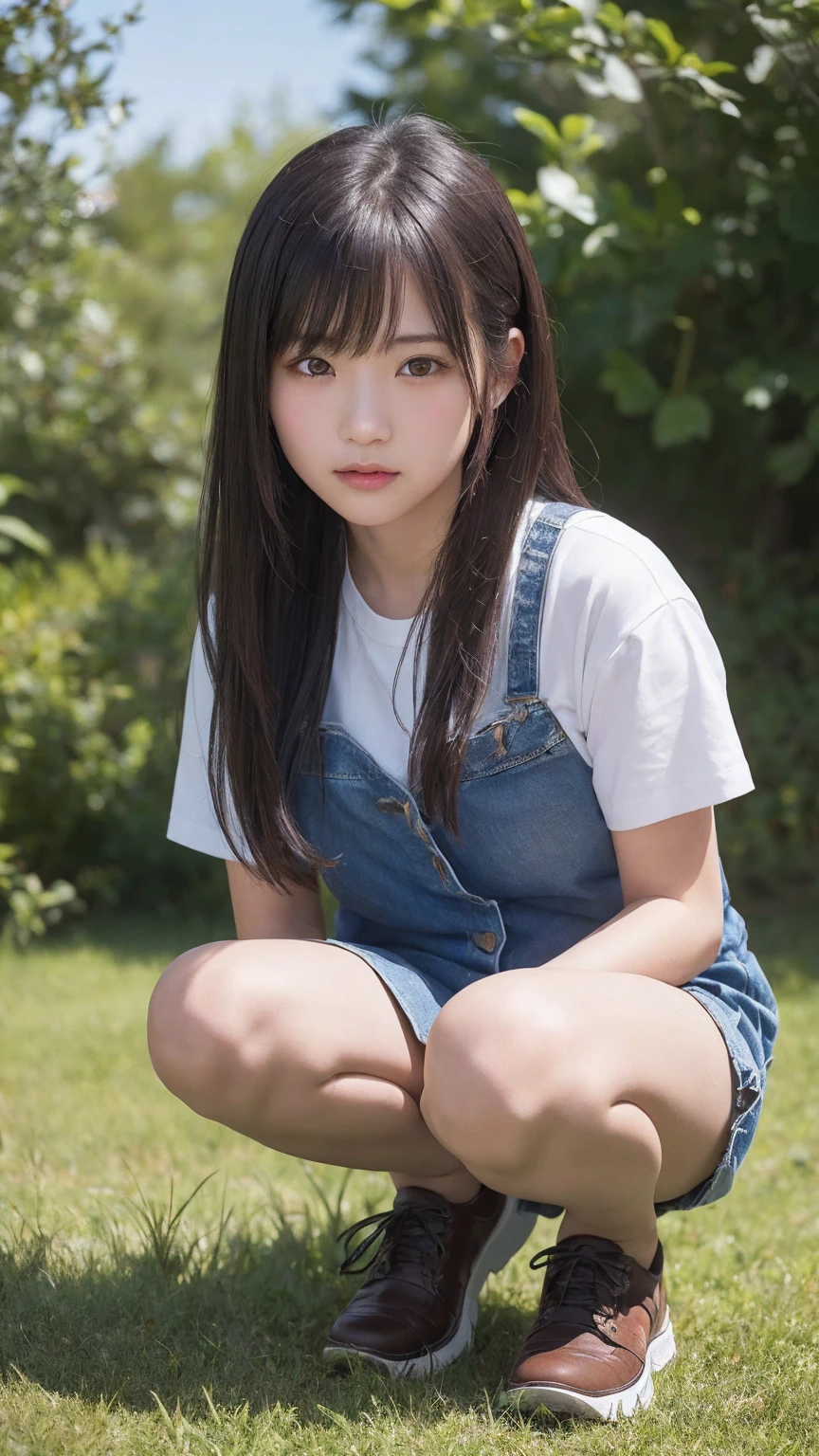 1 Female,((One girl)),((16 years:1)), cowboy_shot,(from_front:1.5),Eye of the worm,squat,自分のfeetを抱きしめる, On the grass,10 generations, Very young,純真なbeautiful少女たち, Idol&#39;s face, Delicate girl:1,feet,knees,(elegant_Sandals:1),(Tunic blouse:1.0), (Ruffled tops:1.0), (trainer:1),(cardigan:1),Sleeves are longer than the wrist, overly too long sleeves, (denim_skirt:1.3),at the park,(knees_Away:0.8),(white_elegant_pantiess are visible:1.3),(seamless_pantiess:1.3),正面from:1), (race_embroidery_panties:0.8), masterpiece, Highest quality, 8K,(beautiful_skin:1),Detailed face,Smooth bristles, Glowing black eyes,Sparkling eyes,Childish,RAW Photos, Professional Lighting, Film Grain, chromatic aberration,Expressionless, (Small eyes and face:1.0), (Bokeh:1.1),School Bags