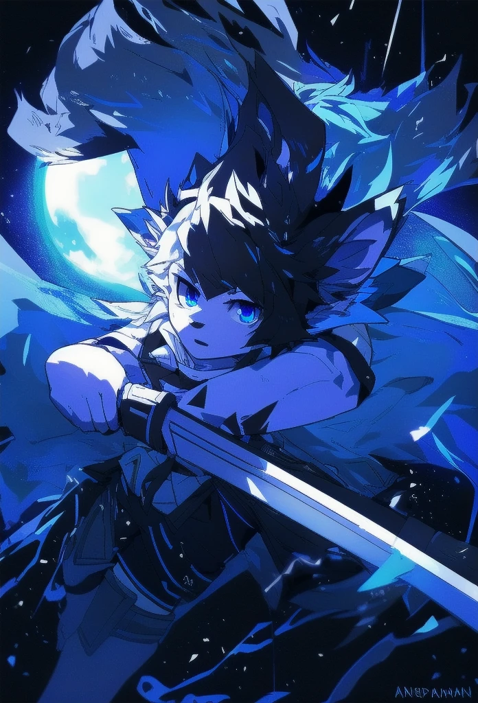 White Wolf，black hair，Sky blue eyes，hairy，Wolf ears，Wolf tail，Full body portrait，The character is in the center of the frame，Handsome，Confident eye***but，juvenile，Black and white combat uniform，Red neck bib，Black shorts，Short sleeve，hairy arms and legs，Dark background，Dark battlefield，dawn，sunrise，dawn，illumination，shadow，Swordsman，Scabbard and Hold the hilt of a in your hand，The scabbard is at the waist，Highest quality,A tall stature