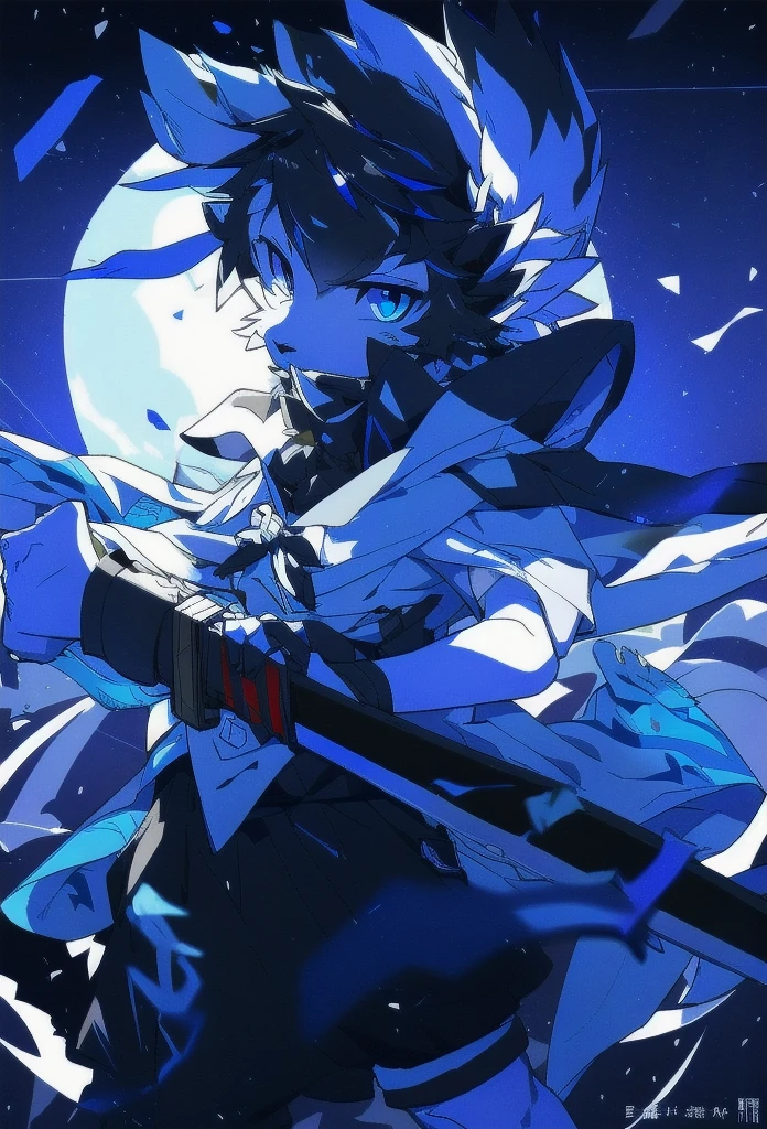 White Wolf,black hair,Sky blue eyes,hairy,Wolf ears,Wolf tail,Full body portrait,The character is in the center of the frame,Handsome,Confident eye***but,juvenile,Black and white combat uniform,Red neck bib,Black shorts,Short sleeve,hairy arms and legs,Dark background,Dark battlefield,dawn,sunrise,dawn,illumination,shadow,Swordsman,Scabbard and Hold the hilt of a in your hand,The scabbard is at the waist,Highest quality,A tall stature