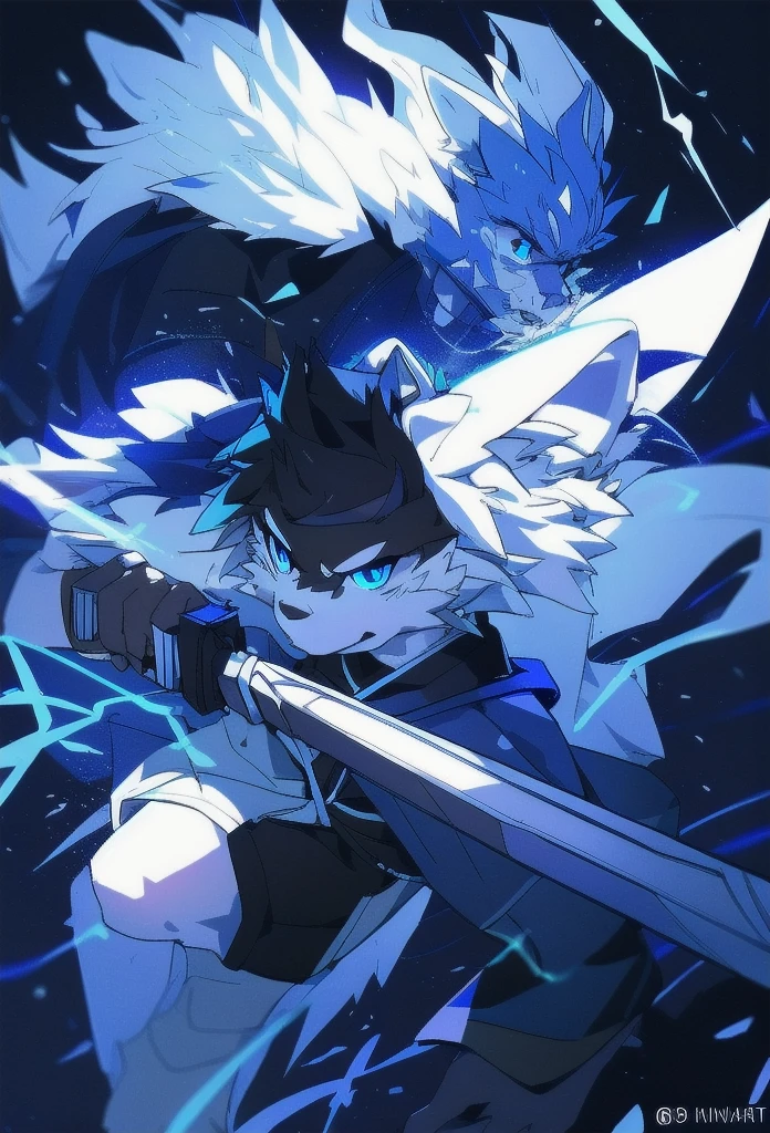White Wolf,black hair,Sky blue eyes,hairy,Wolf ears,Wolf tail,Full body portrait,The character is in the center of the frame,Handsome,Confident eye***but,juvenile,Black and white combat uniform,Red neck bib,Black shorts,Short sleeve,hairy arms and legs,Dark background,Dark battlefield,dawn,sunrise,dawn,illumination,shadow,Swordsman,Scabbard and Hold the hilt of a in your hand,The scabbard is at the waist,Highest quality,A tall stature