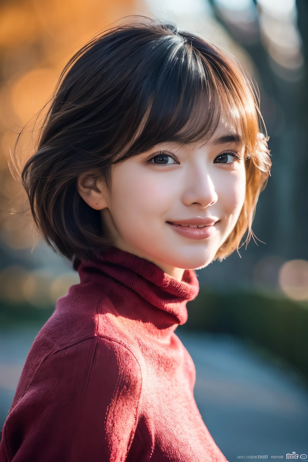 1girl in, (Red Turtleneck, Wearing a pink coat:1.2), (Raw photo, Best Quality), (Realistic, Photorealsitic:1.4), masutepiece, Extremely delicate and beautiful, Extremely detailed, 2k wallpaper, amazing, finely detail, the Extremely Detailed CG Unity 8K Wallpapers, Ultra-detailed, hight resolution, Soft light, Beautiful detailed girl, extremely detailed eye and face, beautiful detailed nose, Beautiful detailed eyes, Short hair, Cinematic lighting, Winter scene, Perfect Anatomy, Slender body, Smiling
INFO　camisole