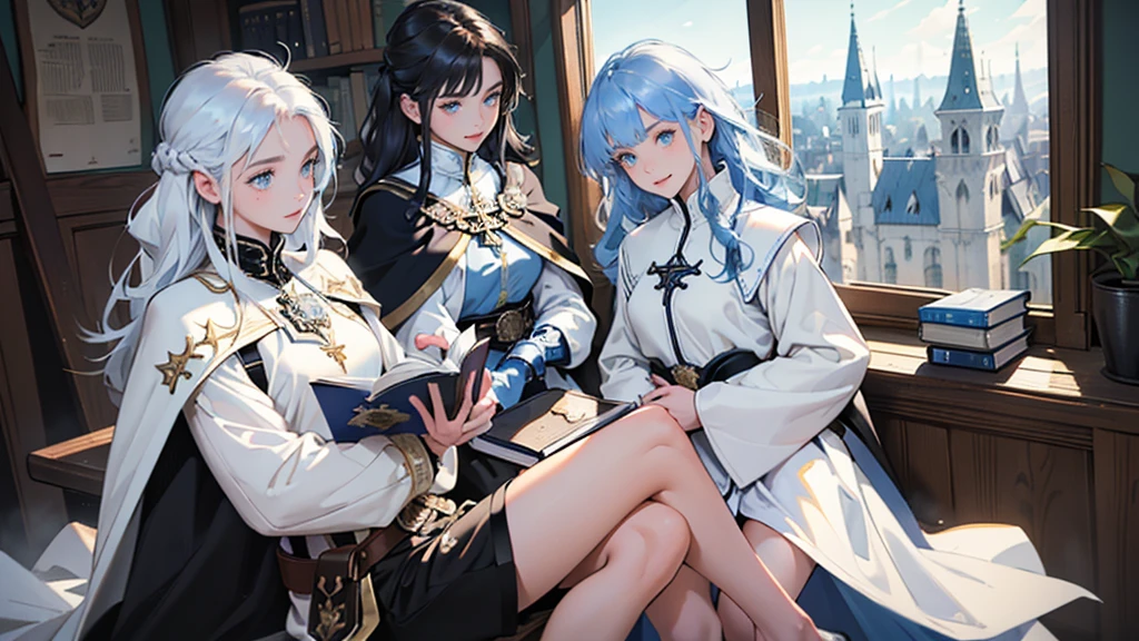 masterpiece, ultra detailed, 8K Portrait, Raw photo, (((((2 girls))))), girls photography, full body, Highly detailed face, ((Fantasy)), 15 years old, (((classmates))), smile, various hairstyles and hair color, (((white long tunic with a single vertical blue line))), (((black shorts))), (((white cape with coat of arms))), (((little waist hip pouch))), leather boots, various pose, ((holding magic book)), In the classroom of the medieval magic school, sitting, Midday Sun, Hyper realistic, Ambient lighting, Shadow details , Camera focus on face, strong breeze, Light fog