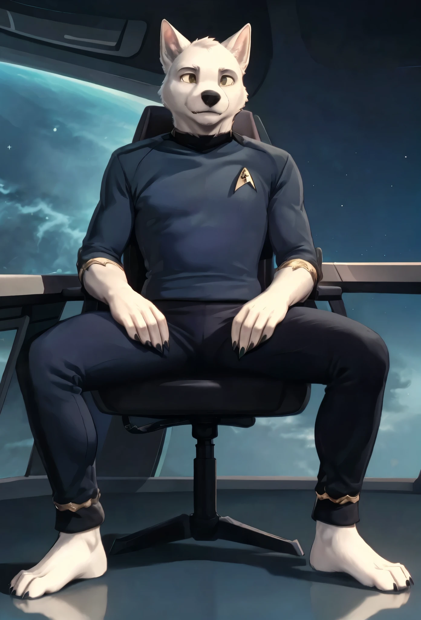 (((Barefoot furry character, full body, cinematic setting, furry male, plantigrade))) 

(((Bolt))) (anthro dog with white fur, very cute and young looking face, big black snout), exudes confidence and authority as he sits in the captain's chair, and his (((Star Trek uniform))) with the Starfleet Delta badge on his chest is a perfect match for his muscular figure. Handsome clawed feet paws dominate the bridge of the star ship and its crew. ((Bridge of Star Trek starship with many screens and consoles as background)), futuristic look, metalic. anatomically correct, Long black pants, blue shirt of science officer.

BREAK, intricate details, highly detailed, extreme detail, octane render, fine art, best quality, highres, (detailed face:1.5), ((full_body)), UHD, (((perfect hands))), low light