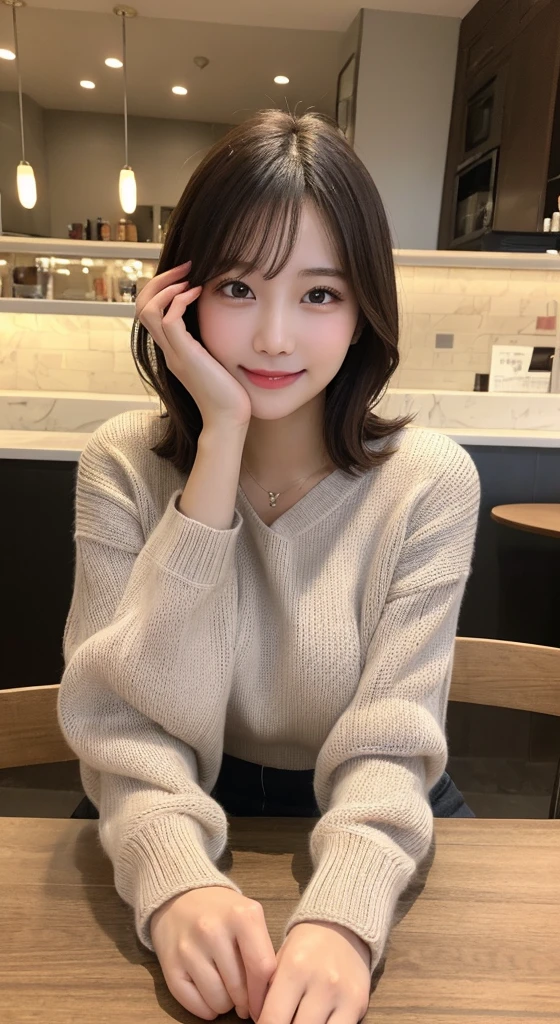 Tabletop, Highest quality, figure, Super detailed, In detail, High resolution, 8k wallpaper, Perfect dynamic composition, Beautiful attention to detail, Shoulder extension long sleeve knit,Bob Hair, Center of chest, More big 、Natural color lip, Random sexy poses,smile,20-year-old girl,huge ,Cafe,coffee,Emphasize the chest,Knitted sweater