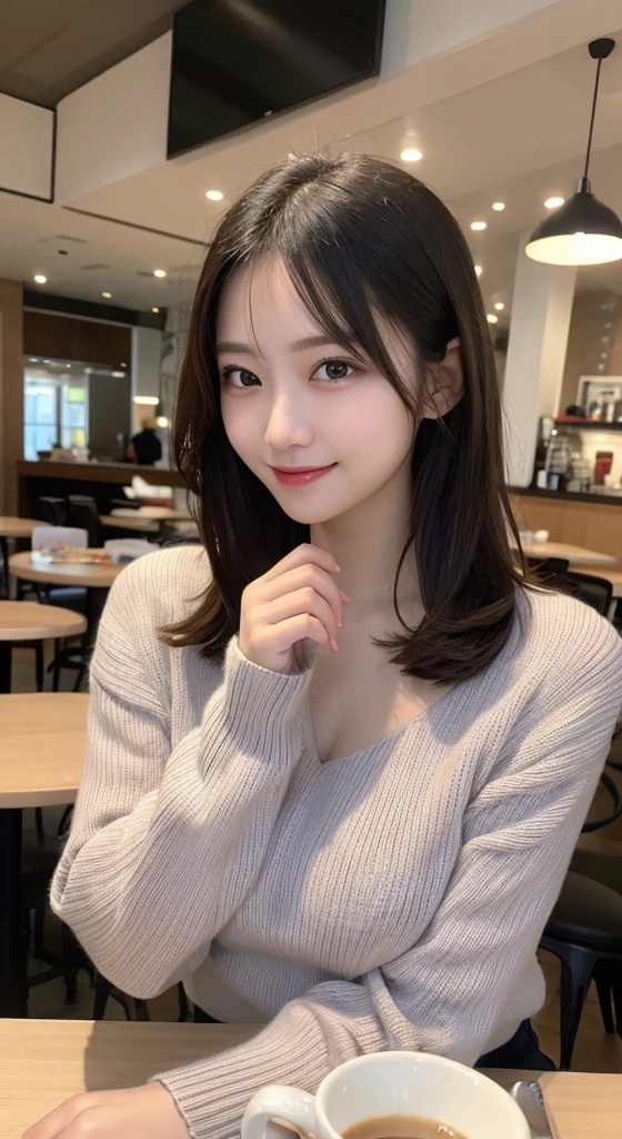 Tabletop, Highest quality, figure, Super detailed, In detail, High resolution, 8k wallpaper, Perfect dynamic composition, Beautiful attention to detail, Shoulder extension long sleeve knit,Bob Hair, Center of chest, More big 、Natural color lip, Random sexy poses,smile,20-year-old girl,huge ,Cafe,coffee,Emphasize the chest,Knitted sweater