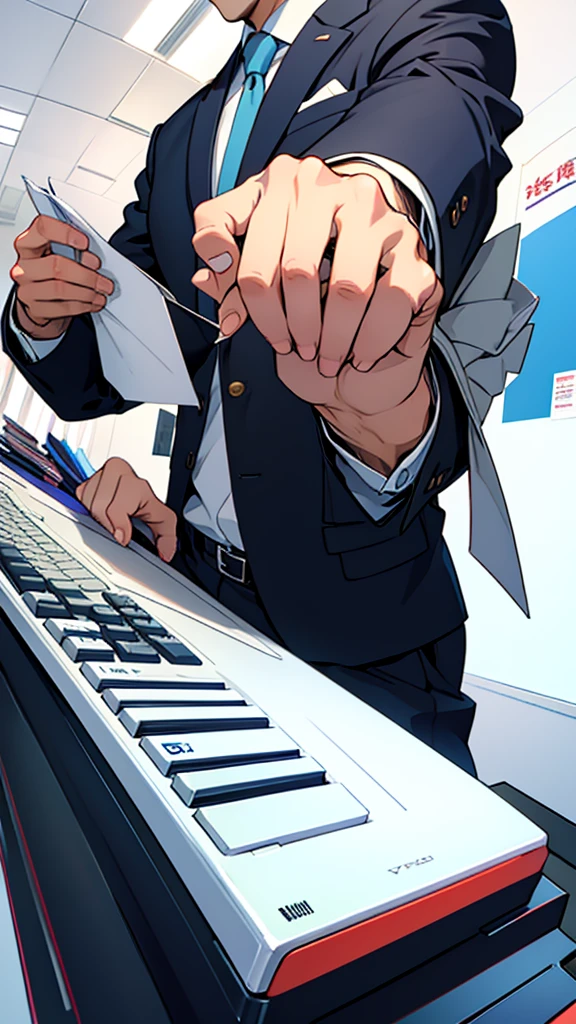 2D illustration、company、A man in a suit typing on a keyboard、I can't see your face、