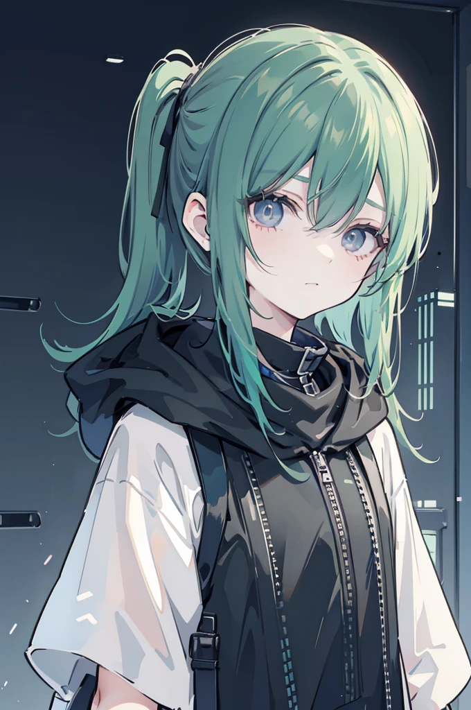 dark green very short ponytail , black eye, severe dark circles , droopy eyes , cyberpunk hood , Timid , dependent , androgynous , heartless , night background , dark , Hikikomori , genderless , masculine , boy , man , Man