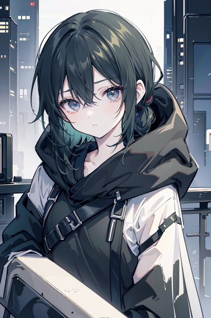 dark green very short ponytail , black eye, severe dark circles , droopy eyes , cyberpunk hood , Timid , dependent , androgynous , heartless , night background , dark , Hikikomori , genderless , masculine , boy , man , Man
