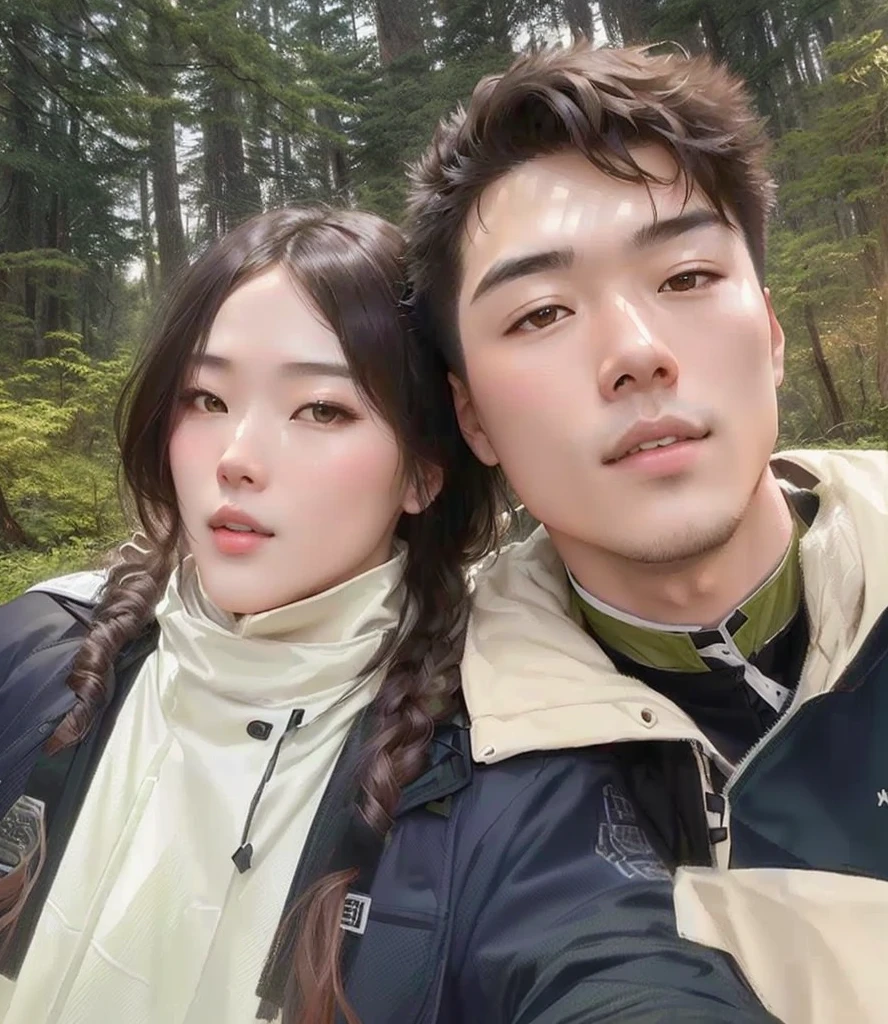Araffes couple taking selfie in the woods,The background is a forest, Hot Julia, Cute couple, Ruan Jia and Fenghua Zhong, They are brothers and sisters, Cheng Man Kit, User Photos, 8k selfie photo, 😭 🤧 💔, jordan grimmer and natasha tan, 📷 Absence and mess