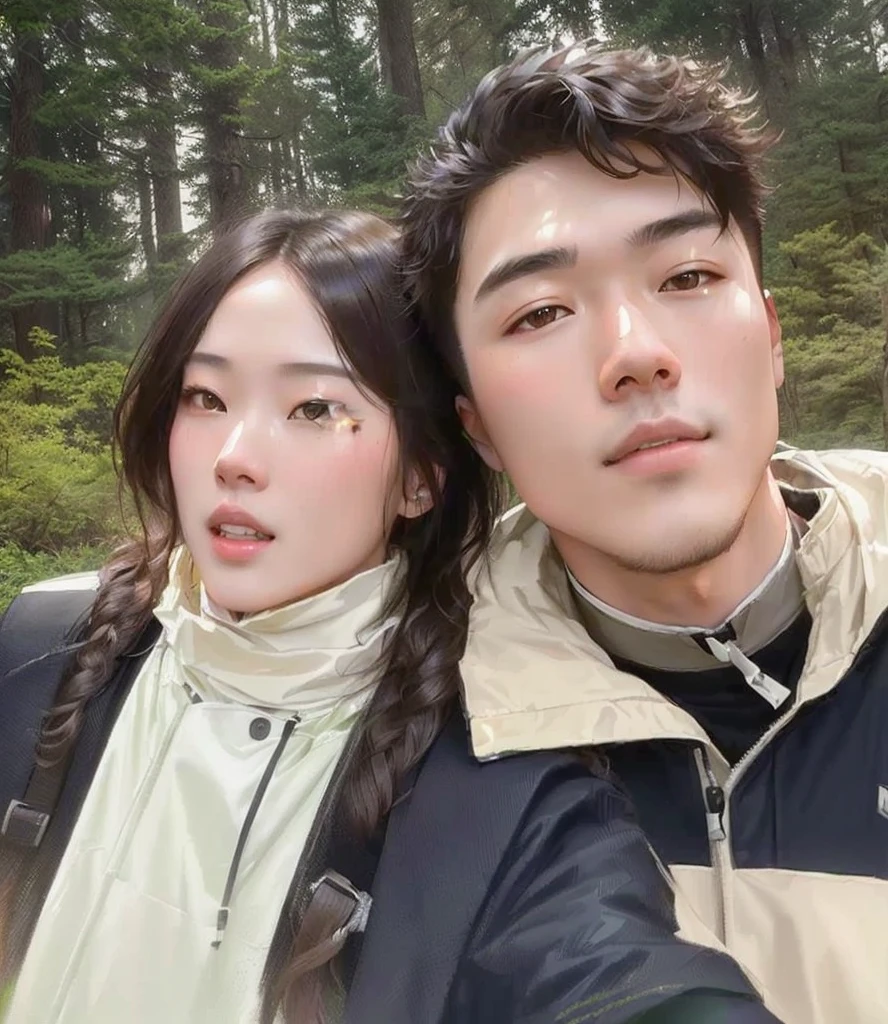 Araffes couple taking selfie in the woods,The background is a forest, Hot Julia, Cute couple, Ruan Jia and Fenghua Zhong, They are brothers and sisters, Cheng Man Kit, User Photos, 8k selfie photo, 😭 🤧 💔, jordan grimmer and natasha tan, 📷 Absence and mess