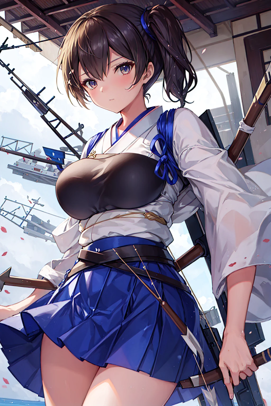 Kaga(Fleet Collection),highest quality, masterpiece, High resolution,kimono,blue skirt,side ponytail,big_breasts,solo,Japanese_bow&arrow,dynamic_posing,half_eyes,solo,plump,