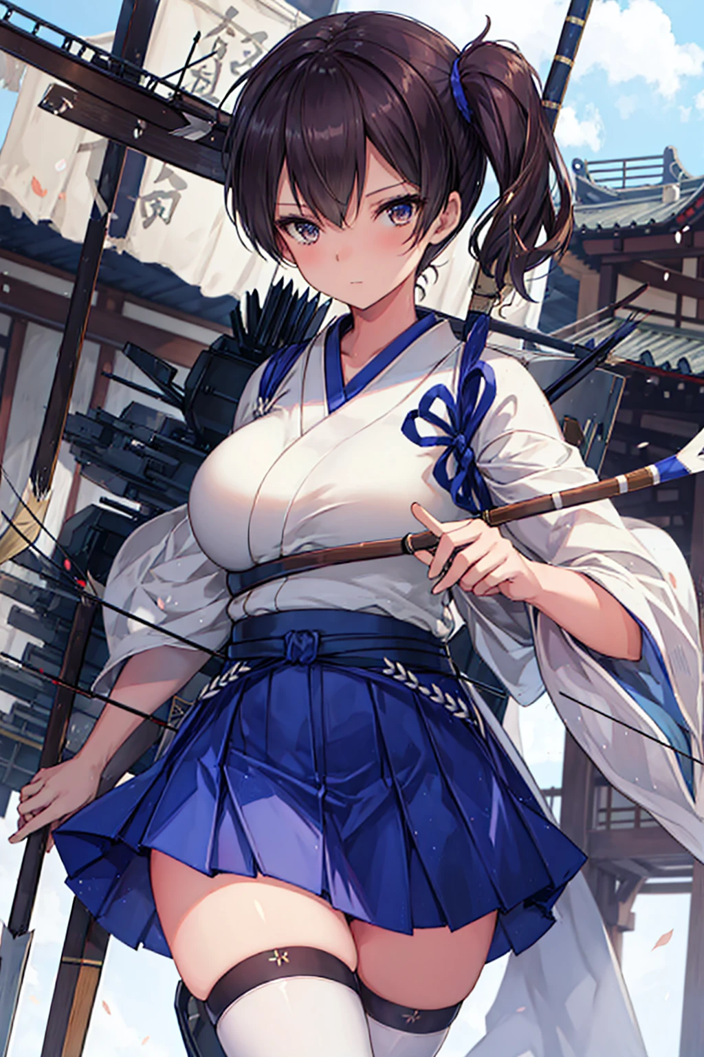 Kaga(Fleet Collection),highest quality, masterpiece, High resolution,kimono,blue skirt,side ponytail,big_breasts,solo,Japanese_bow&arrow,dynamic_posing,half_eyes,solo,plump,