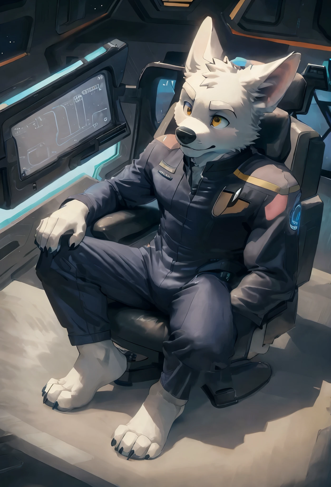 (((Barefoot furry character, full body, cinematic setting, furry male, plantigrade))) 

(((Bolt))) (anthro dog with white fur, very cute and young looking face, big black snout), exudes confidence and authority as he sits in the captain's chair, and his (((Star Trek uniform))) with the Starfleet Delta badge on his chest is a perfect match for his muscular figure. Handsome clawed feet paws dominate the bridge of the star ship and its crew. ((Bridge of Star Trek starship with many screens and consoles as background)), futuristic look, metalic. anatomically correct, dark blue jumpsuit, yellow piping on shoulders

BREAK, intricate details, highly detailed, extreme detail, octane render, fine art, best quality, highres, (detailed face:1.5), ((full_body)), UHD, (((perfect hands))), low light