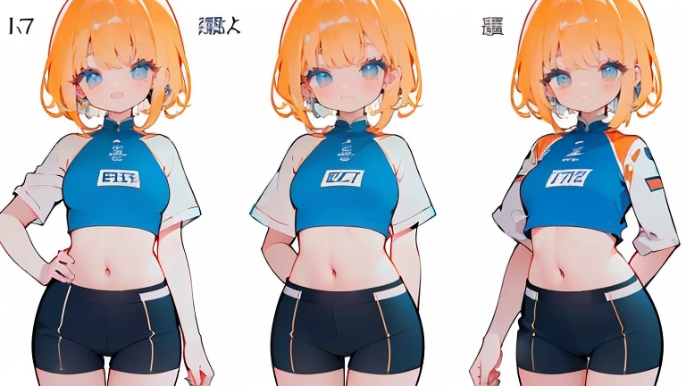 ((1 girl)), Latest trends in clothing, cheerful grin, animated expressions, Sportswear, shorts,blackstockings, racing, Garden ,((very detailled,highest quallity, high resolution, 8 k wallpaper, pretty clothing,)),(hair orange, Hair to the shoulders, juvenile,bouncy hair, ((asymmetrical bangs)) ,(shining blue eyes),ombre, eyeliner,glowing eye, very detailledな目, complex eyes, gorgeous eyes, 輝くBright blue eyes 17 year old