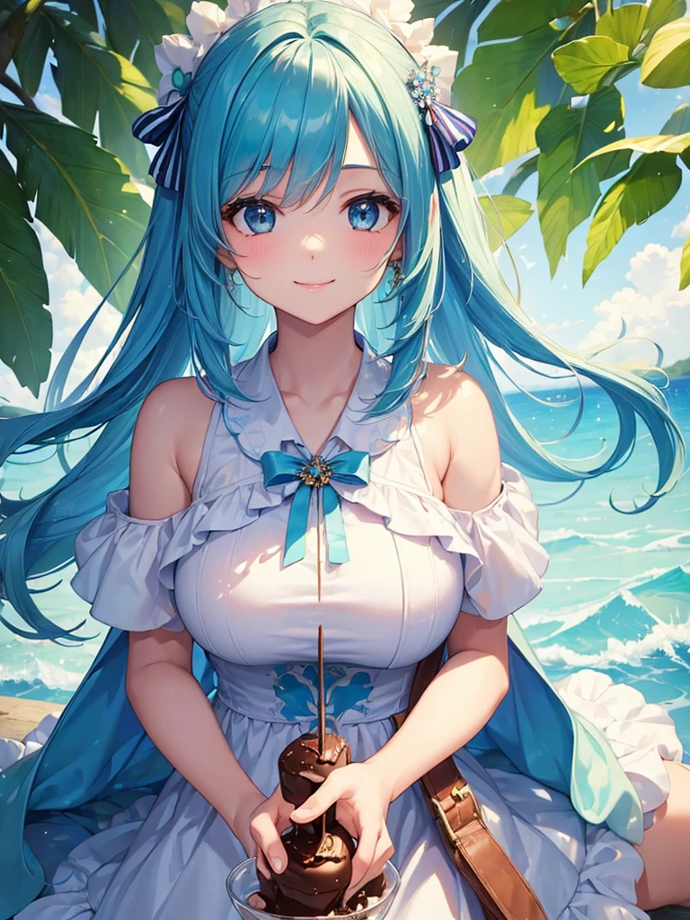(masterpiece:1.5),(Beat quality),(high res),1girl solo,beautiful face,smile(shining eyes),upper body,light effects,Summer clothes blue hair woman,chocolate mint ice cream