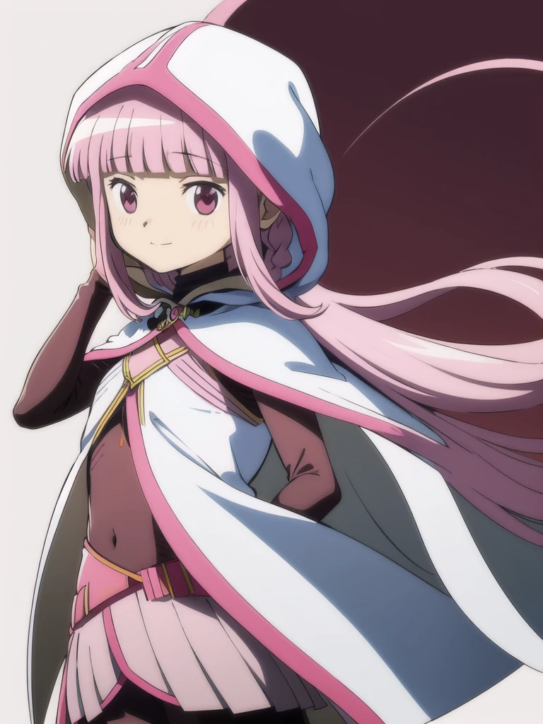 solo, 1girl, looking at viewer, sketch, flat colors, 2D, anime, anime coloring, upper body, (solid white background:1.3), iroha tamaki, magical girl, hooded cloak, hood up, smile