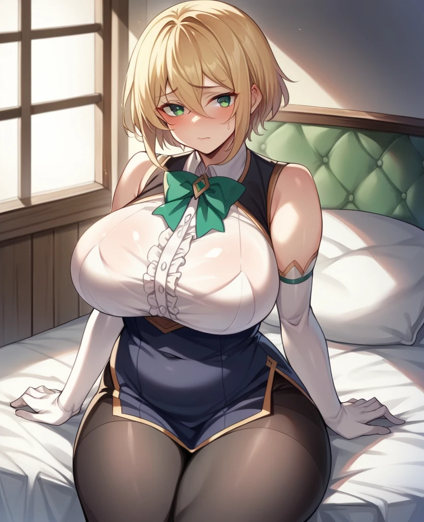 （One girl）、(short hair)、(sidelock)、((Blonde))、（Sato Air）、(boyish)、(Big Breasts)、Chubby、beautiful girl、[Big thighs]、Green Eyes、(Healer)、Black Vest、black leggings、White sleeveless、((hairs between eyes))、(long gloves)、[Embarrassed]、((see-through))
