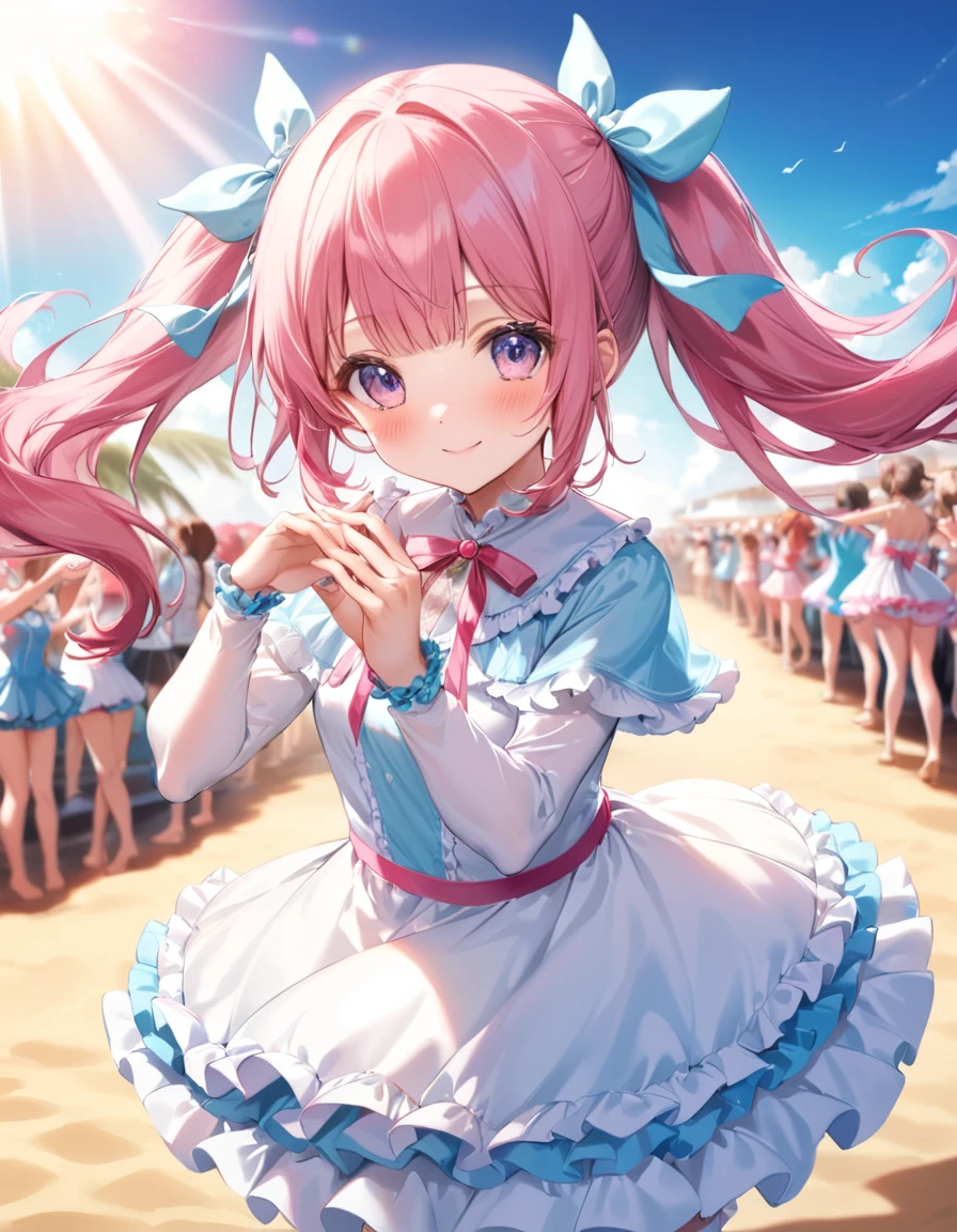 dynamic angle, (close up face), best quality, masterpiece, extremely cute and tender girl, cute pose, sweet smile, (petite), beautiful tender eyes symmetrical, (beautiful and detailed face), beautiful long twintail hair, (pastel pink hair:1.3), blunt bangs, nice hands, perfect hands, (pink sweet cake-inspired motif frilly dress), a lot of frills, frilly long sleeves, pale lace cloak, Summer Frilly Audition, In the midst of the summer heat enveloping the beach, colorful frilly costumes sway on stage. The participants are dancing their hearts out to showcase their talents. Their smiles shine as bright as the sun.