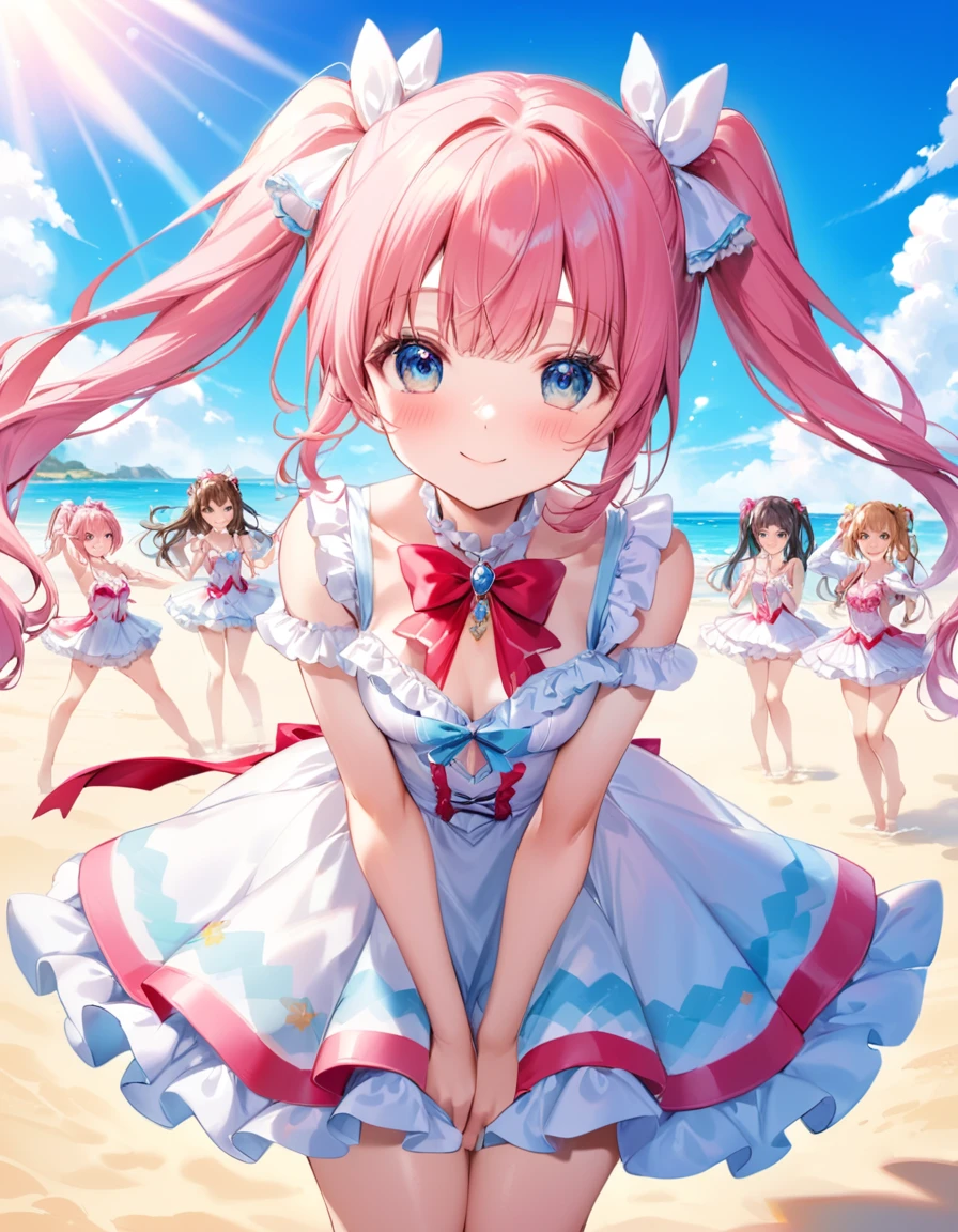 dynamic angle, (close up face), best quality, masterpiece, extremely cute and tender girl, cute pose, sweet smile, (petite), beautiful tender eyes symmetrical, (beautiful and detailed face), beautiful long twintail hair, (pastel pink hair:1.3), blunt bangs, nice hands, perfect hands, (pink sweet cake-inspired motif frilly dress), a lot of frills, frilly long sleeves, pale lace cloak, Summer Frilly Audition, In the midst of the summer heat enveloping the beach, colorful frilly costumes sway on stage. The participants are dancing their hearts out to showcase their talents. Their smiles shine as bright as the sun.