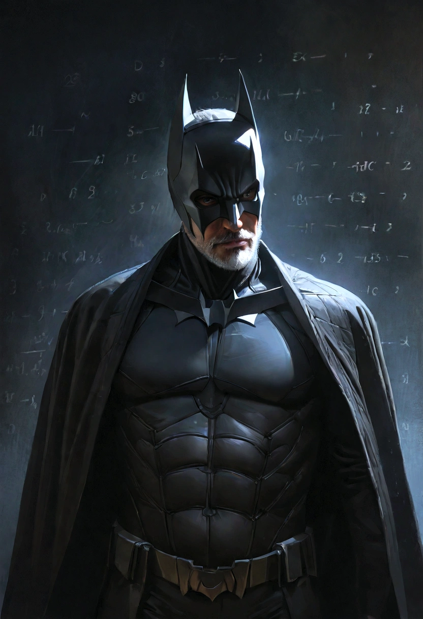 A mathematician dressed as Batman, short beard, mathematical equations, dark atmosphere, cinematic lighting, oil painting, highly detailed, photorealistic, 8k, best quality, masterpiece, hyper-realistic, chiaroscuro, dramatic shadows, moody colors, deep blacks, dynamic composition