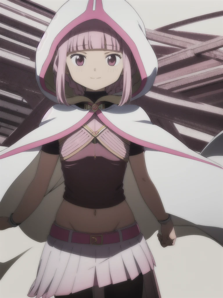 solo, 1girl, looking at viewer, sketch, flat colors, 2D, anime, anime coloring, upper body, (solid white background:1.3), iroha tamaki, magical girl, hooded cloak, hood up, smile