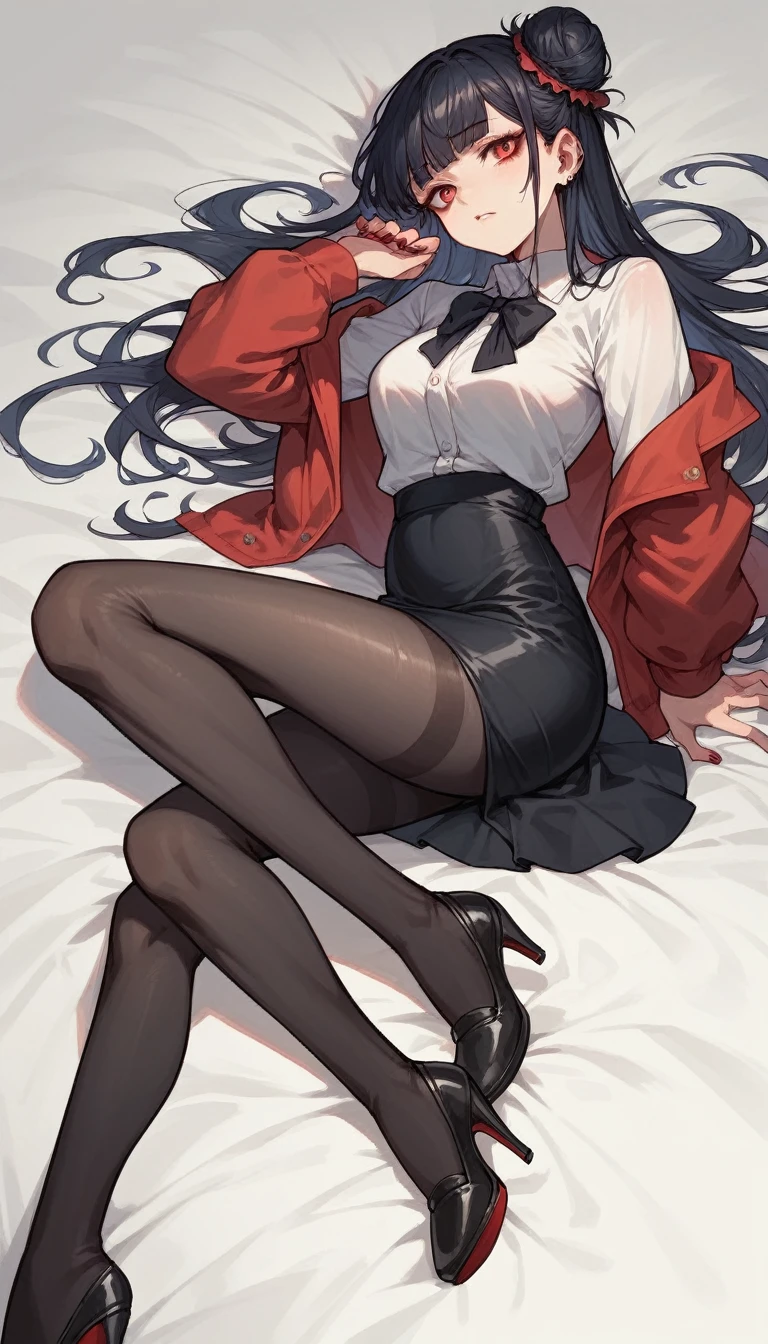 Anime Girls,Long Black Hair,,Spread your legs,Highest quality,Shirts and ,Black Stockings,Red panties and bra,Alluring face