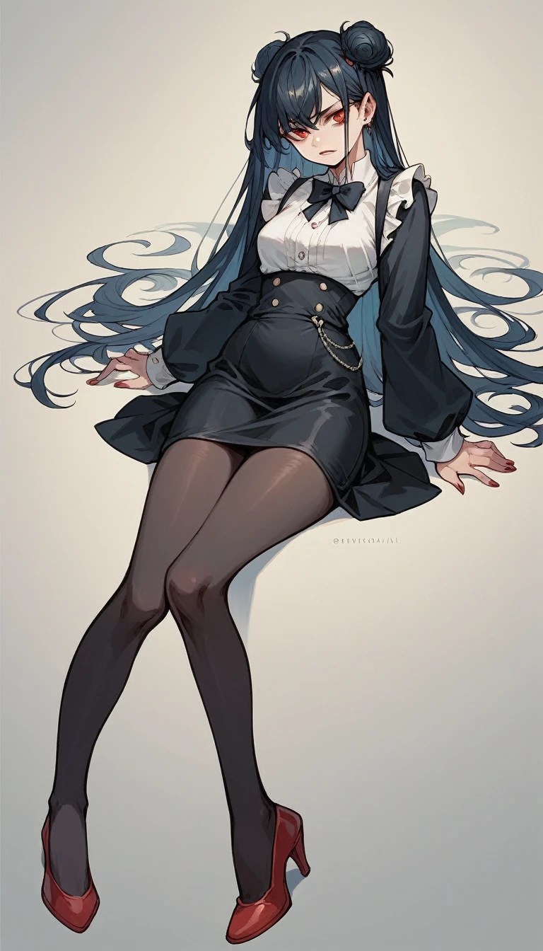 Anime, girl, messy bun, wear red blus, black skirt, black long stocking/pantyhose, and black strappy high heel